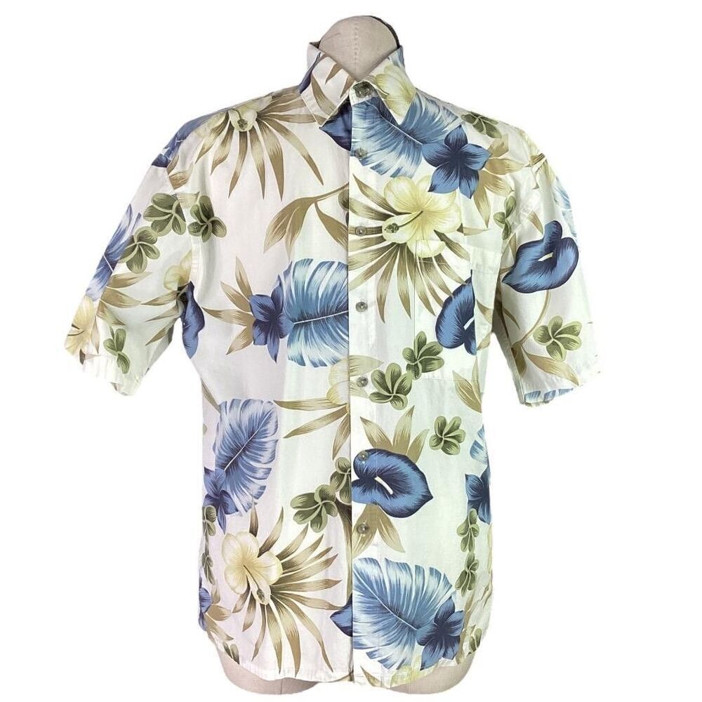 Pierre Cardin Hawaiian Camp Shirt Men M Ivory Blue Short Sleeve Floral Palm VTG
